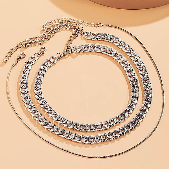 Silver Cuban Chain Link Multilayer Choker Necklace Set - Picture 2 of 4